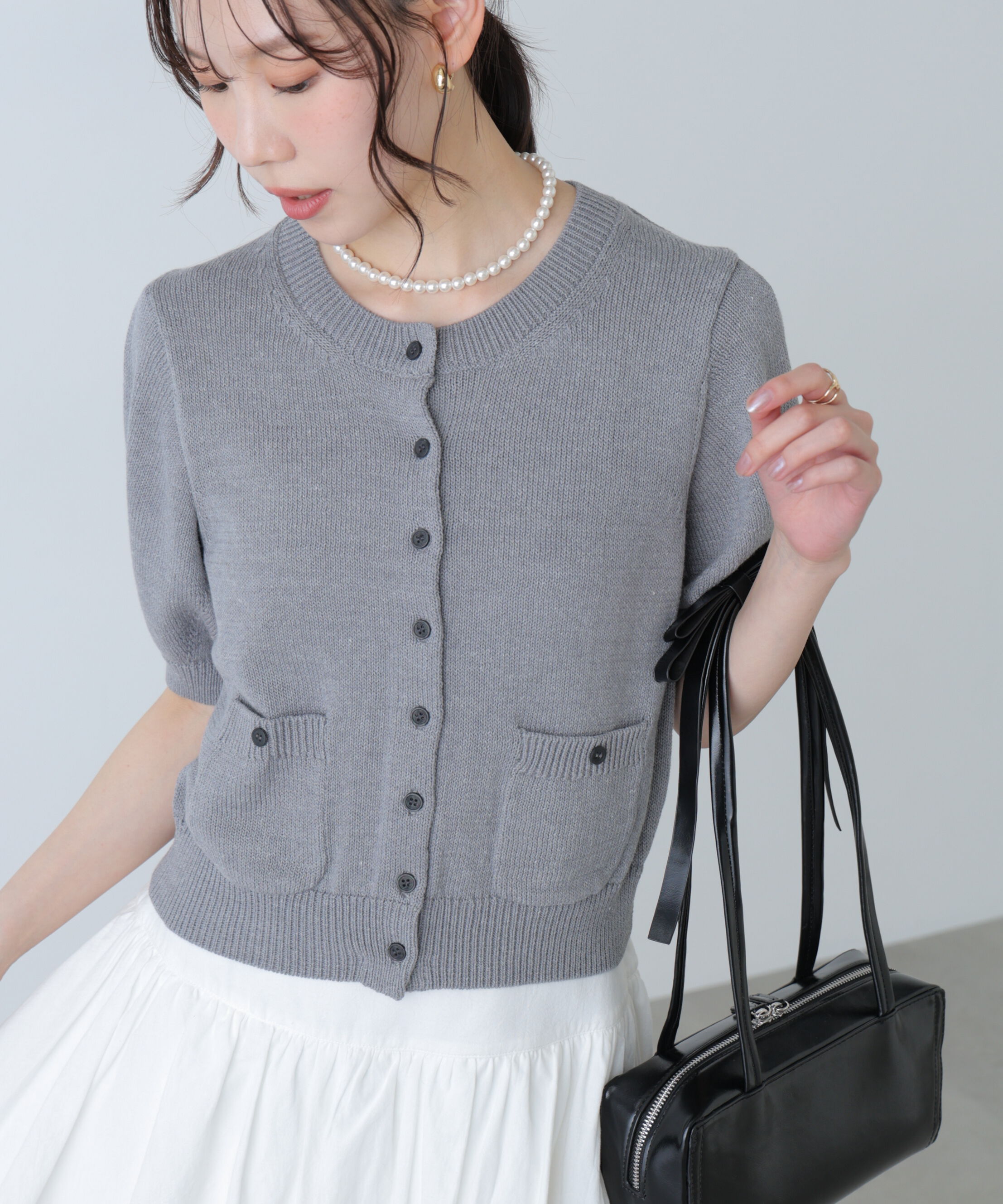  「フロントポケット半袖カーディガン」|ニット・セーター|