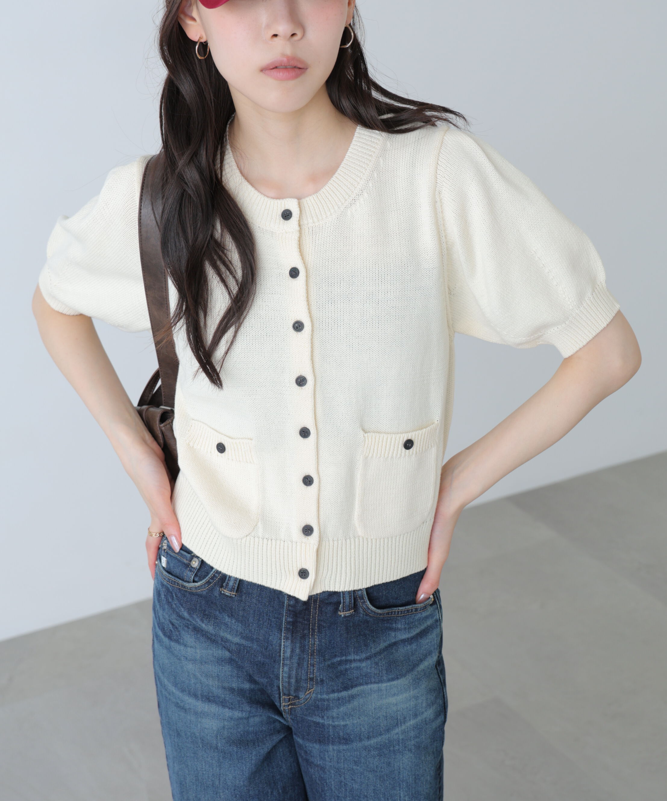  「フロントポケット半袖カーディガン」|ニット・セーター|