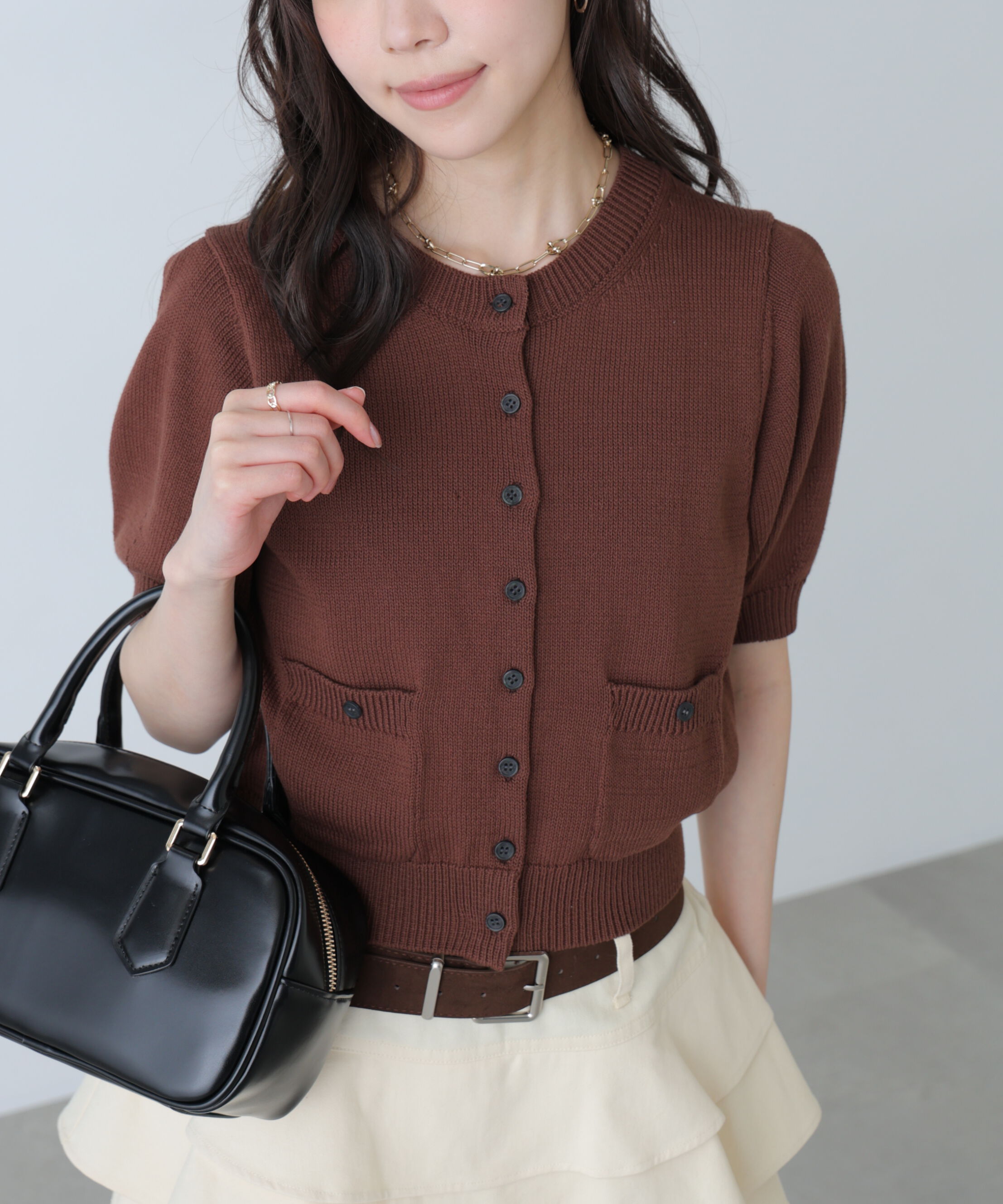  「フロントポケット半袖カーディガン」|ニット・セーター|