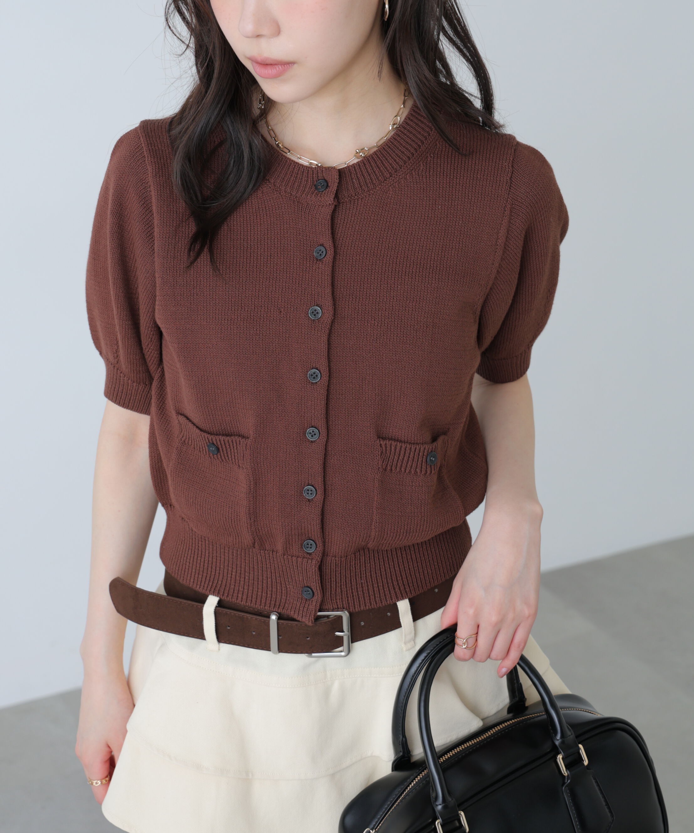  「フロントポケット半袖カーディガン」|ニット・セーター|