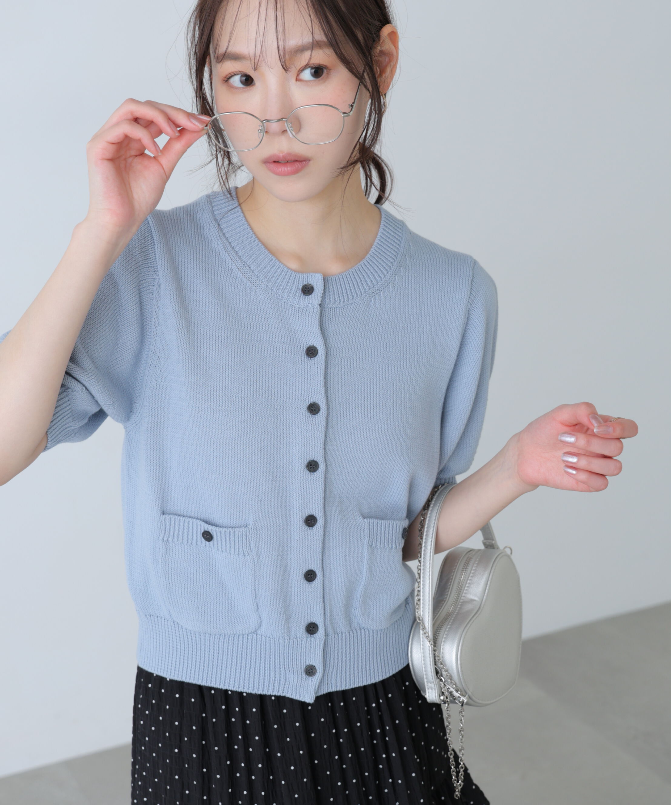  「フロントポケット半袖カーディガン」|ニット・セーター|サックス