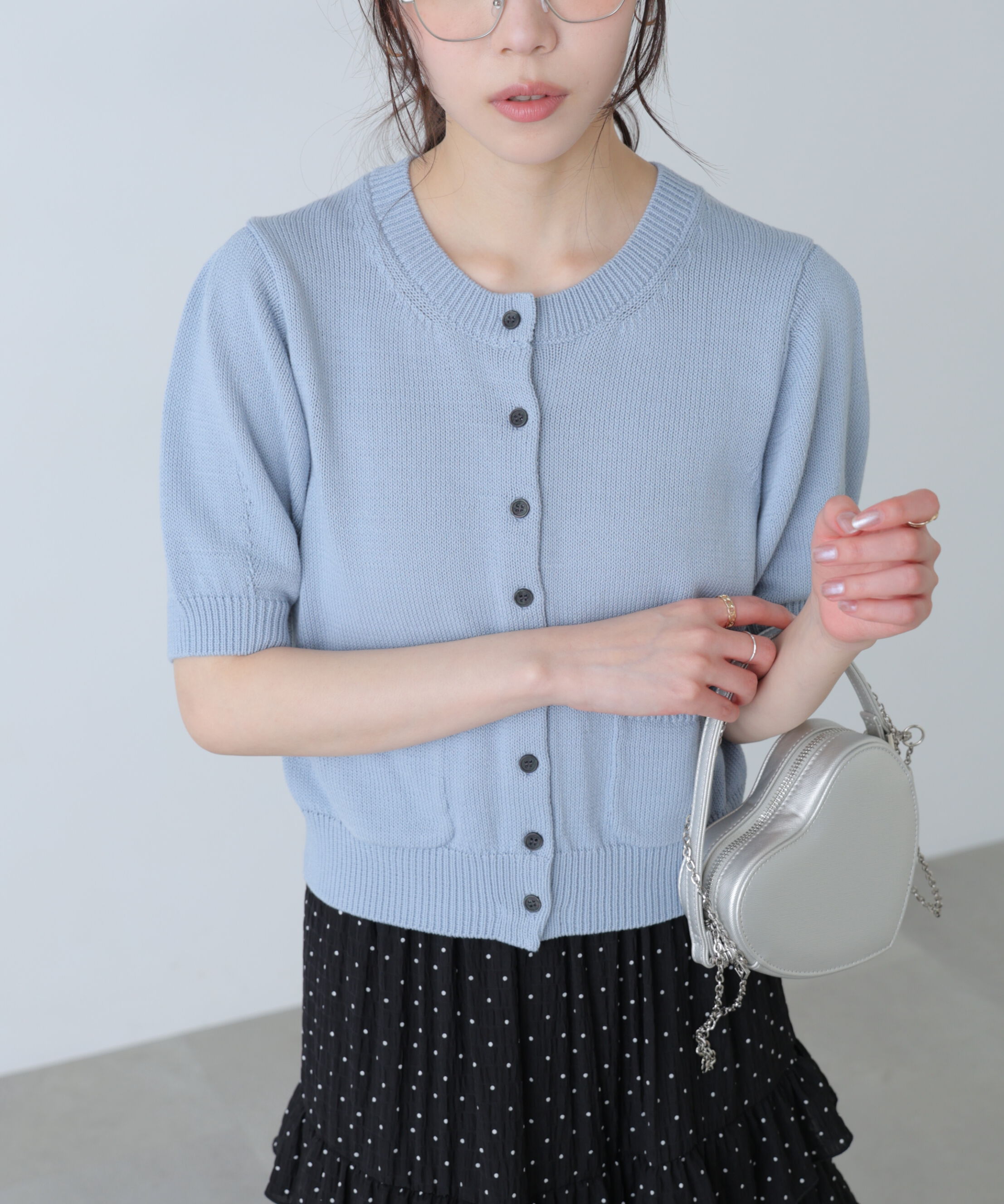  「フロントポケット半袖カーディガン」|ニット・セーター|