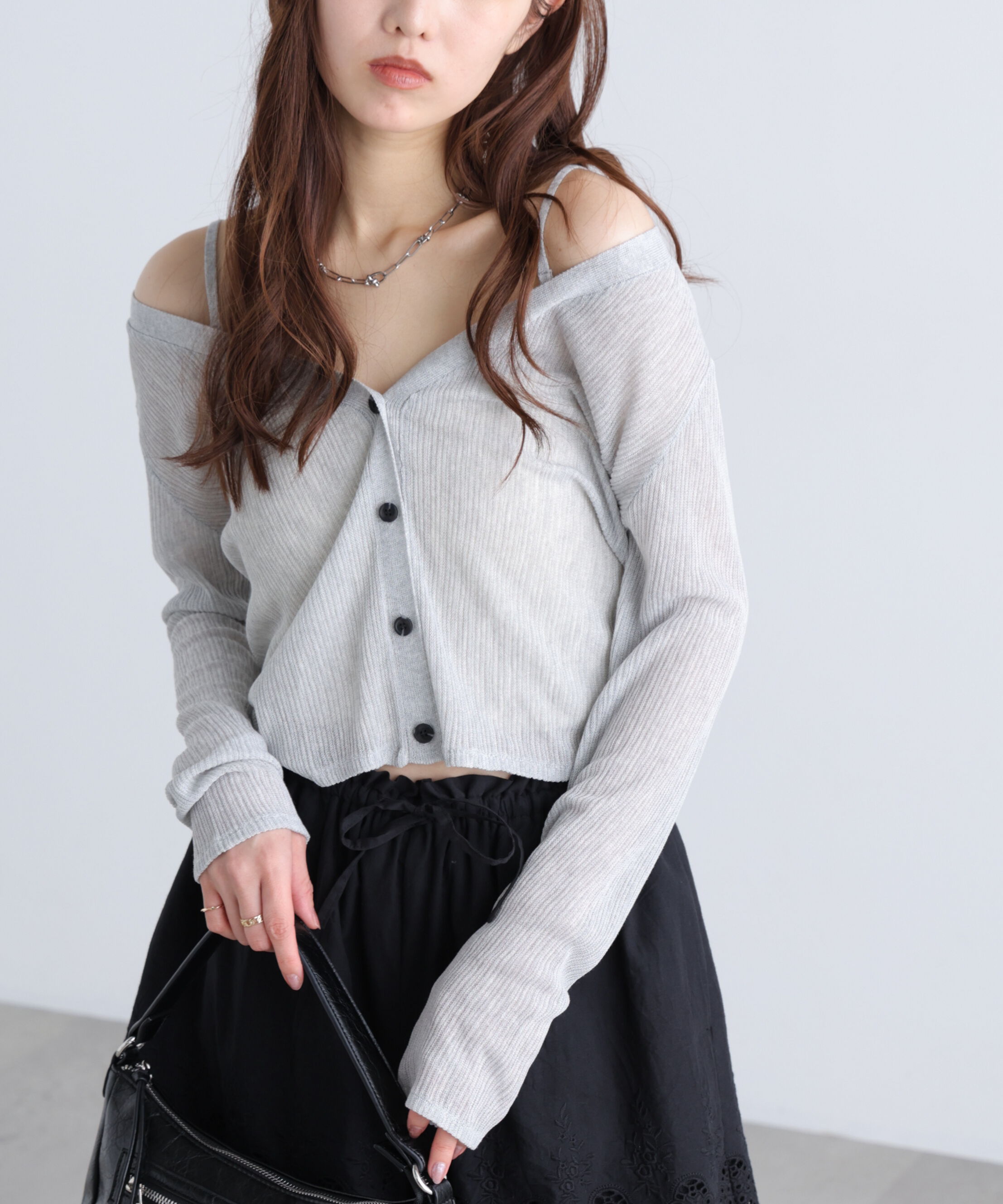  「オフショル前後2wayシアーカーディガン」|ニット・セーター|グレー