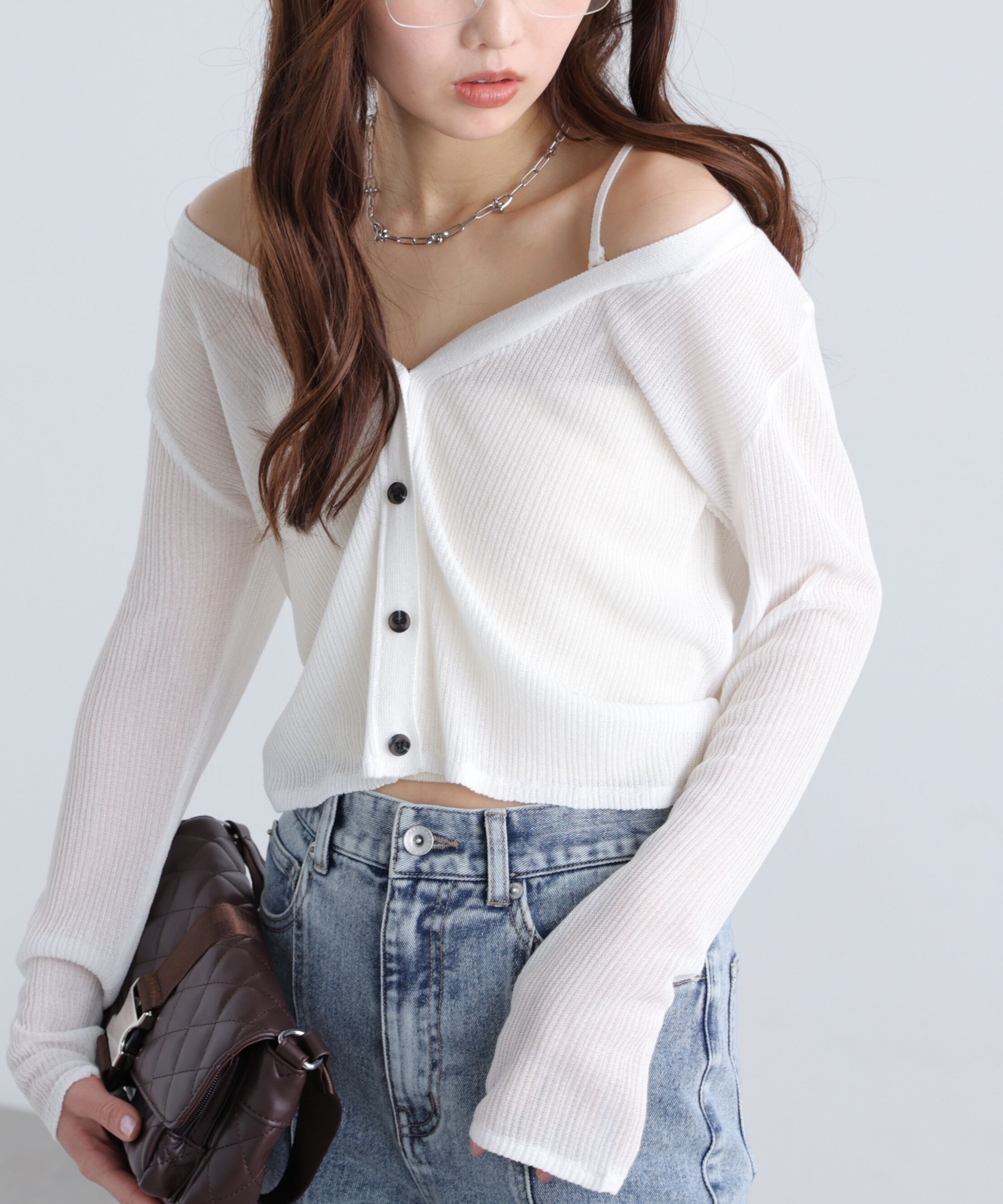  「オフショル前後2wayシアーカーディガン」|ニット・セーター|オフ