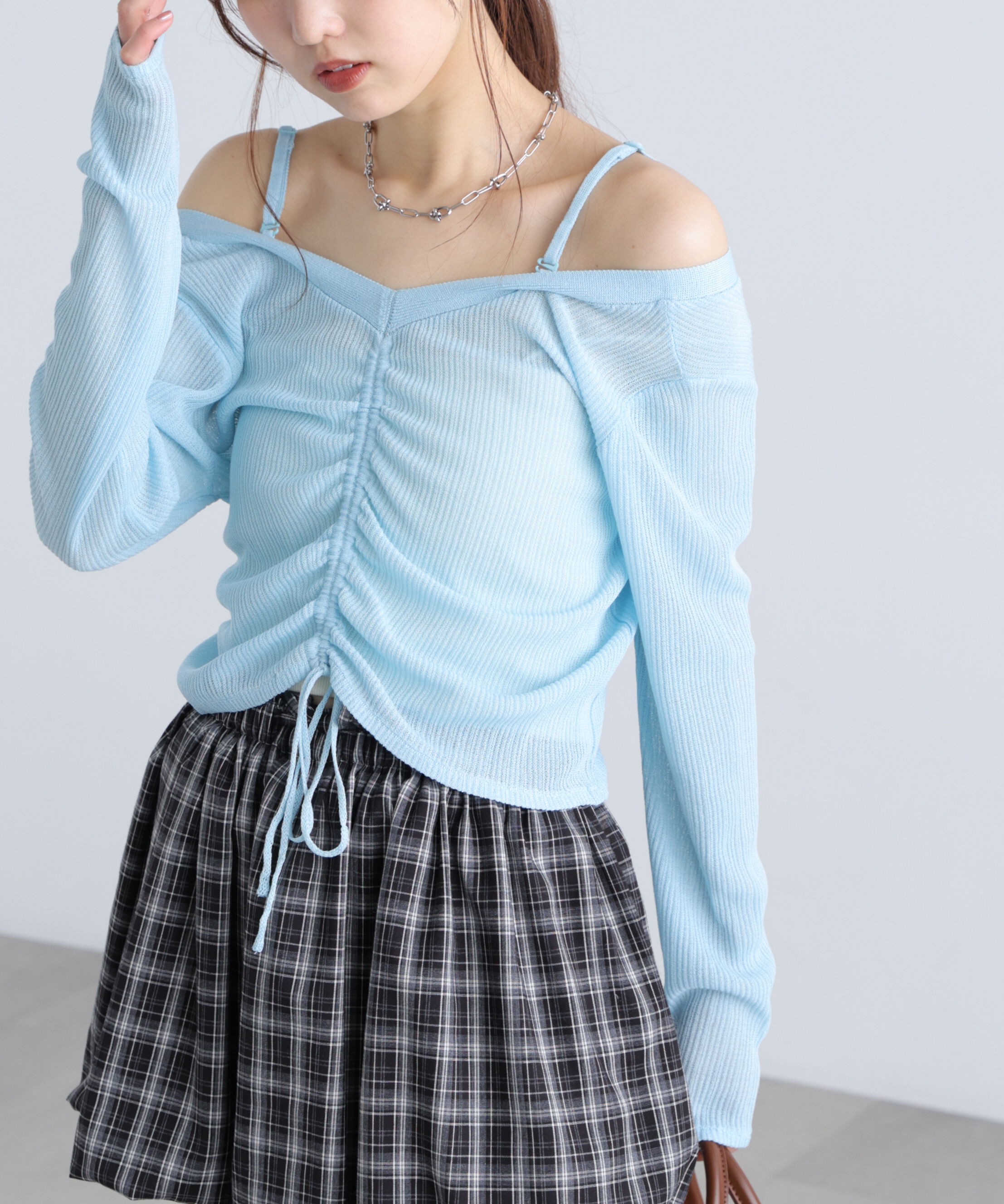  「オフショル前後2wayシアーカーディガン」|ニット・セーター|サックス