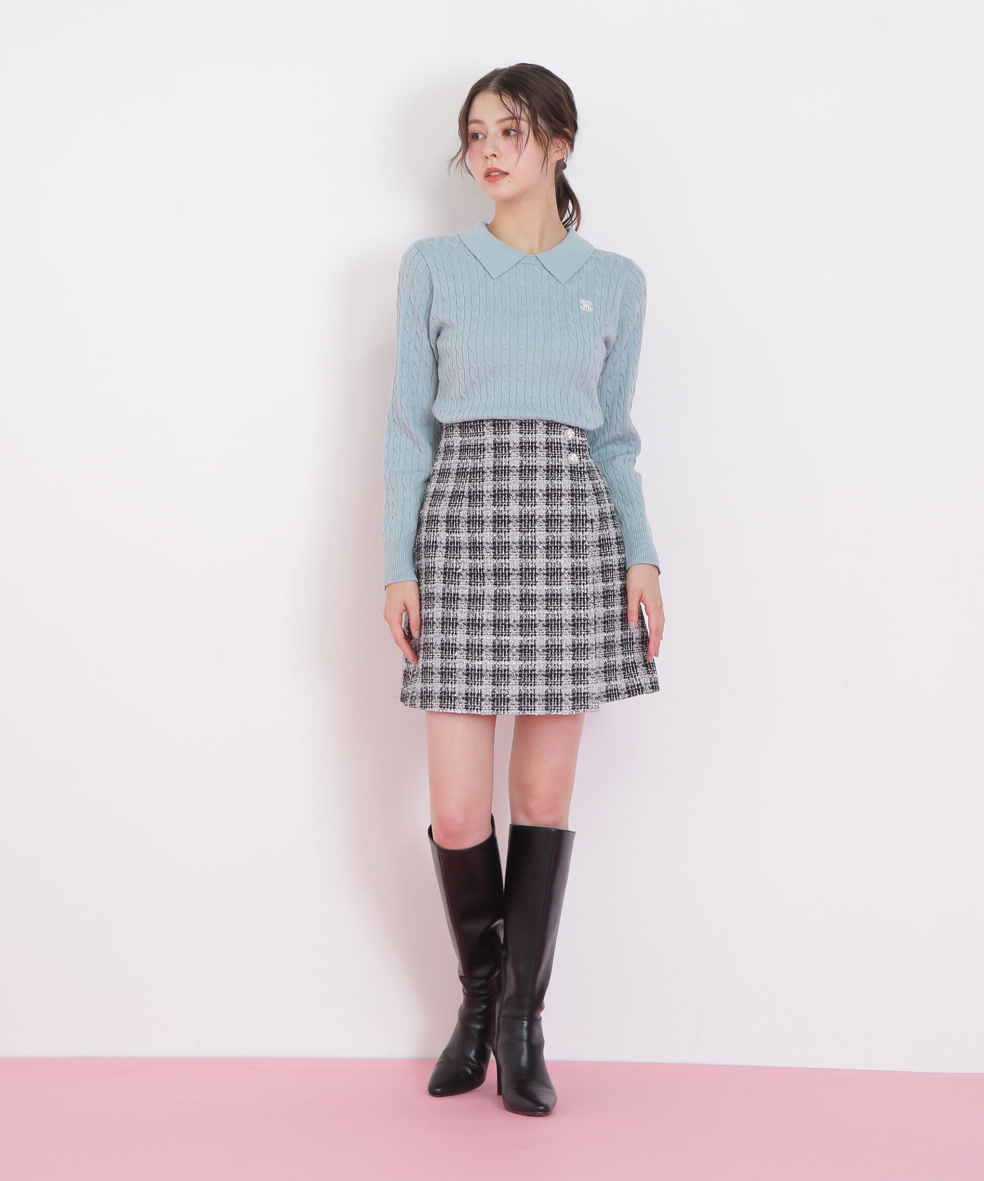  「ツィードチェックビジュー釦ミニスカート」|スカート|