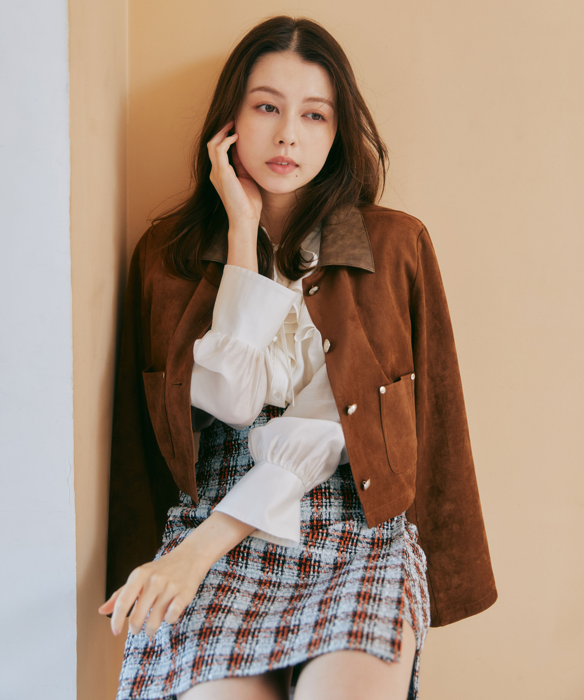  「ツィードチェックビジュー釦ミニスカート」|スカート|