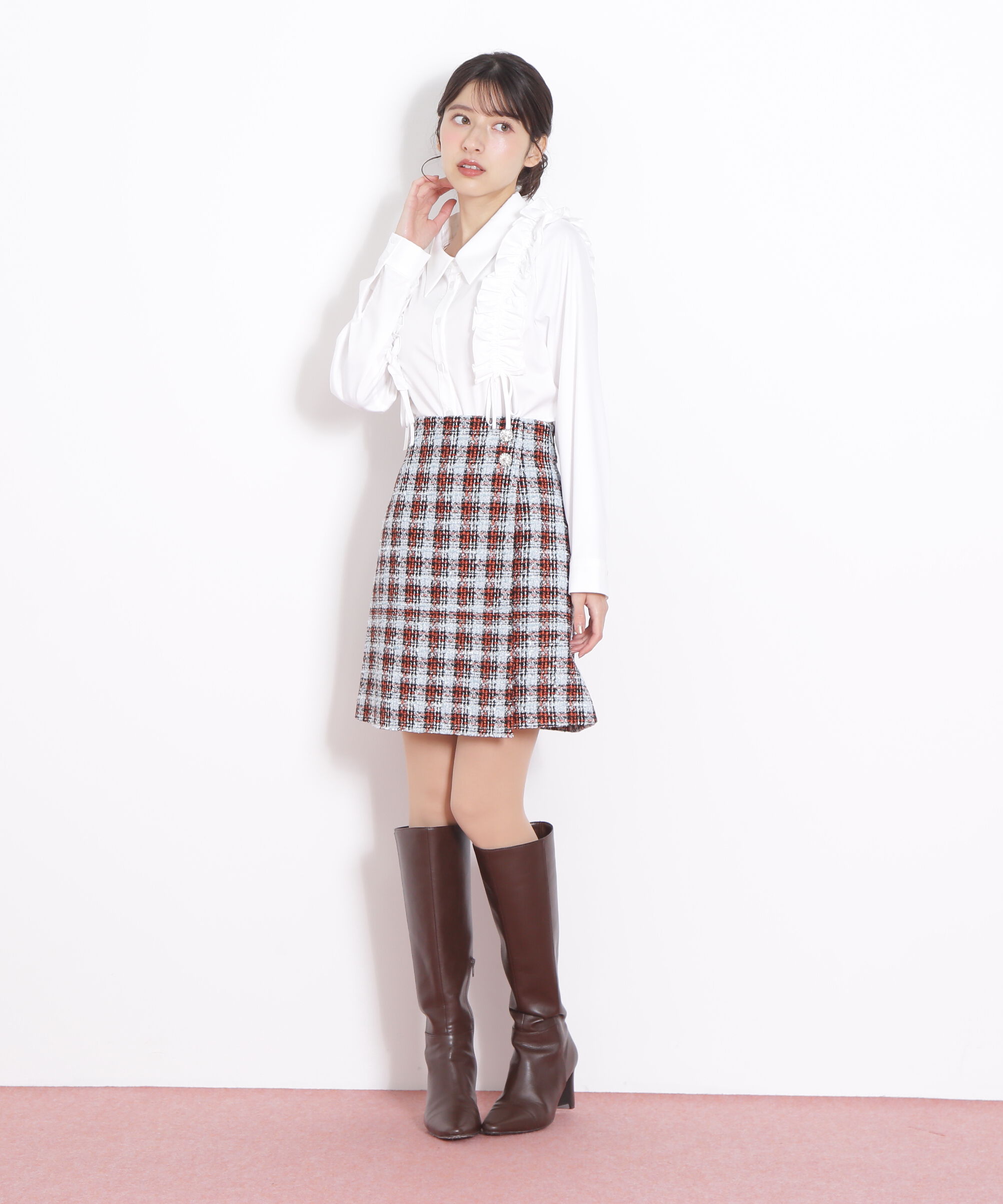  「ツィードチェックビジュー釦ミニスカート」|スカート|