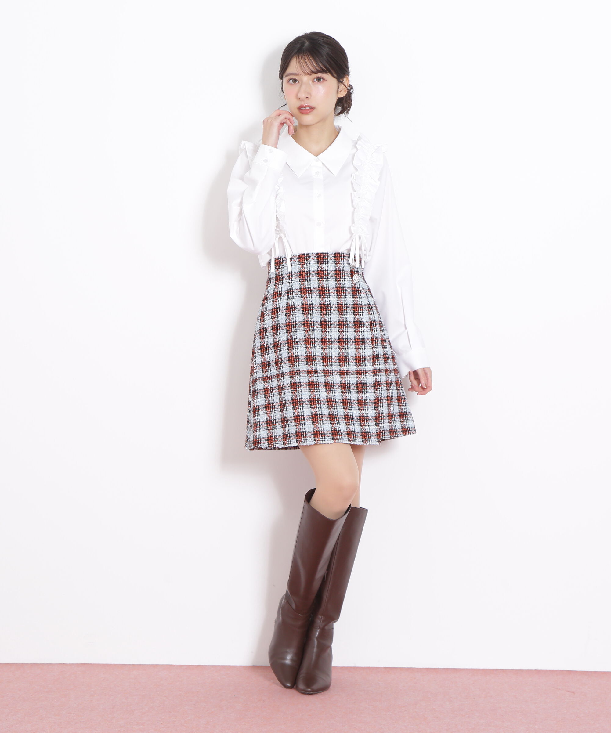  「ツィードチェックビジュー釦ミニスカート」|スカート|