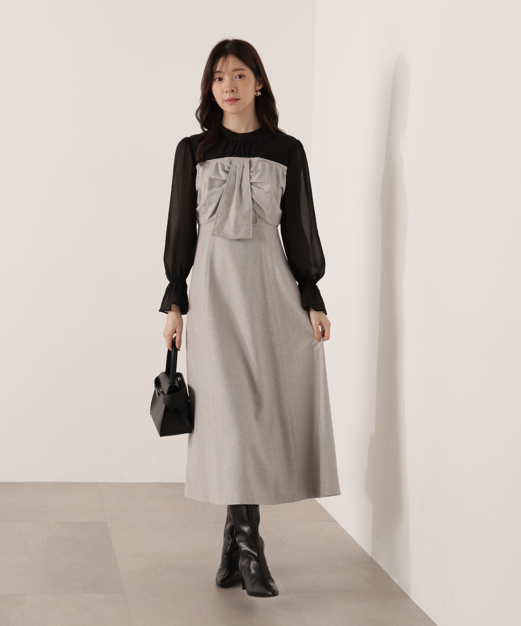 PROPORTION BODY DRESSING「フロントリボンミックスドッキングワンピース 25AW」|ワンピース|ブラック&times;グレ