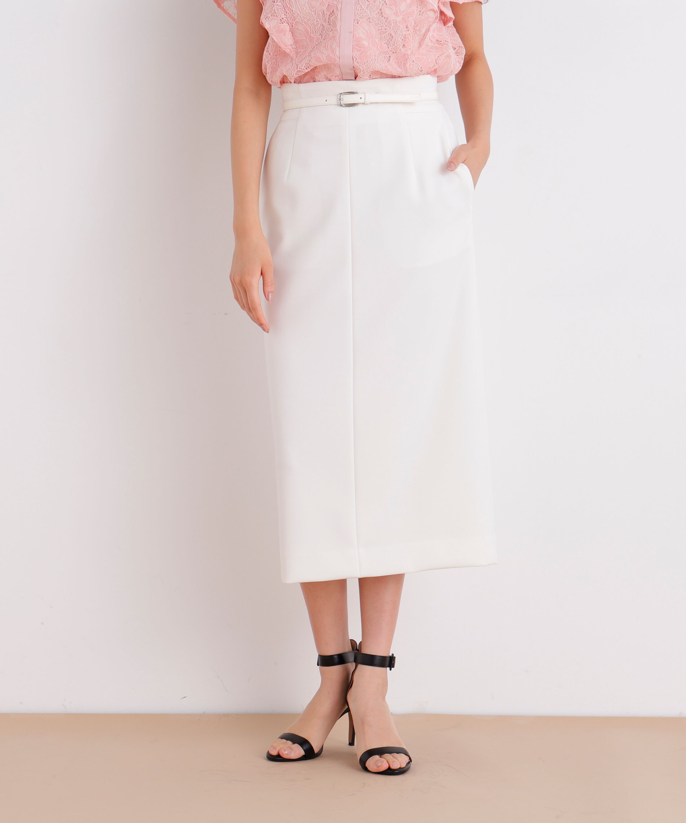  「ベルト付きストレッチスカート」|スカート|ホワイト