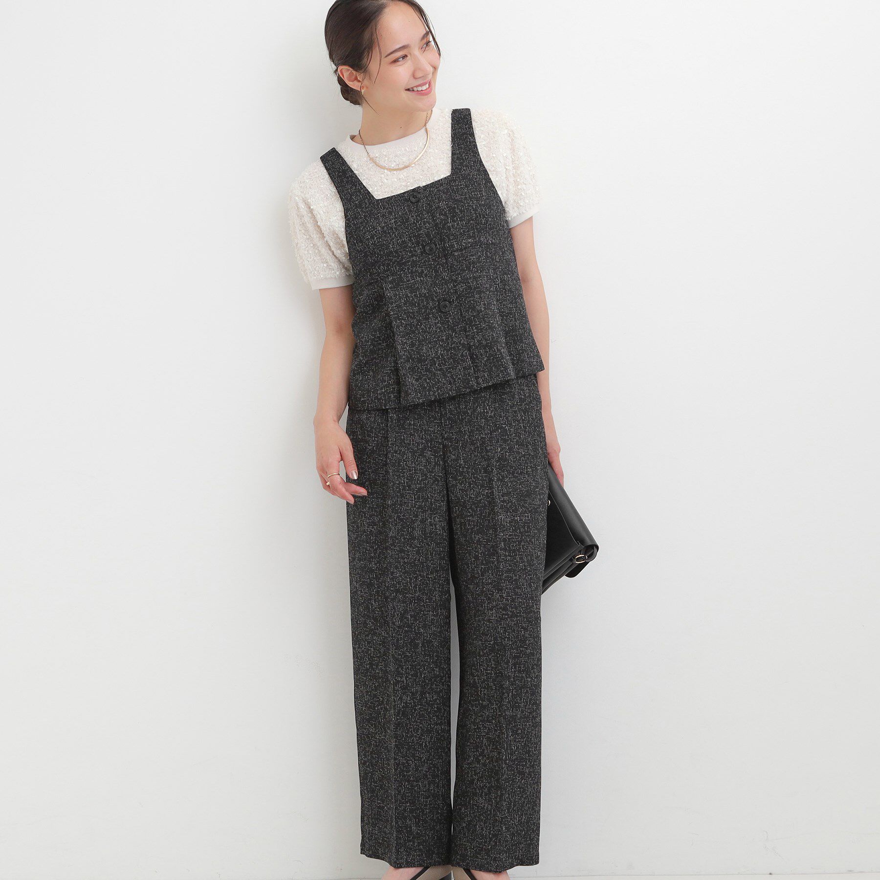 SHOO･LA･RUE「【2点セット】着るだけで決まる クラシカルなツイード調セットアップ」|スーツ|ブラック(419)