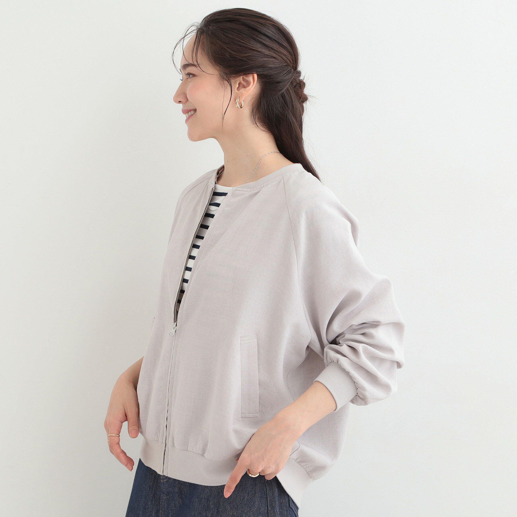 SHOO･LA･RUE「【洗濯機可/S-LL】さらっと快適　麻調ゆるリブブルゾン」|ブルゾン・スタジャン|