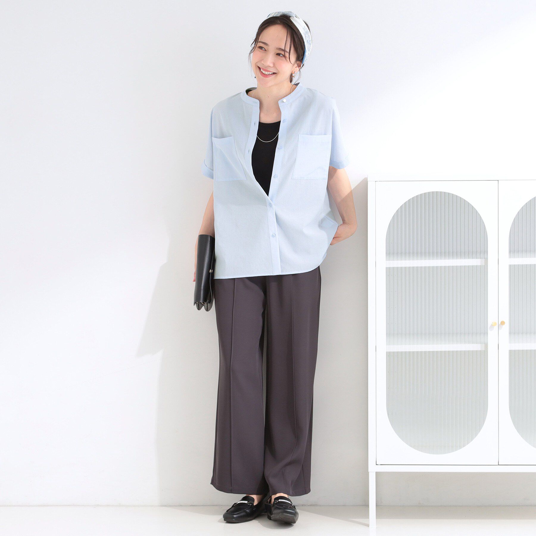 SHOO･LA･RUE「【洗濯機可/S-LL】さらり快適 半袖バンドカラーシャツ」|シャツ・ブラウス|