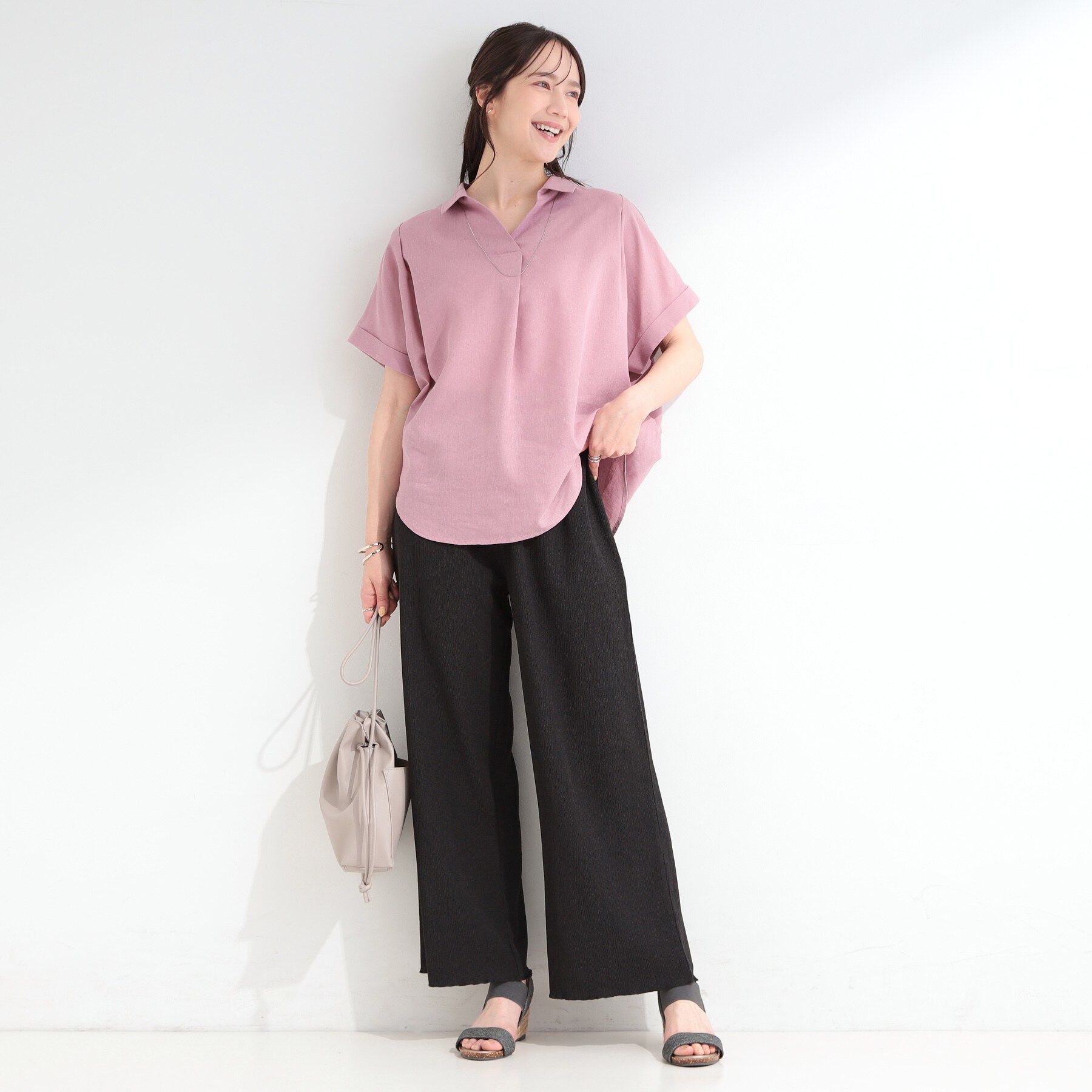 SHOO･LA･RUE「【洗濯機可/S-LL】すっきり見え さらさら 楊柳イージーワイドパンツ」|その他|