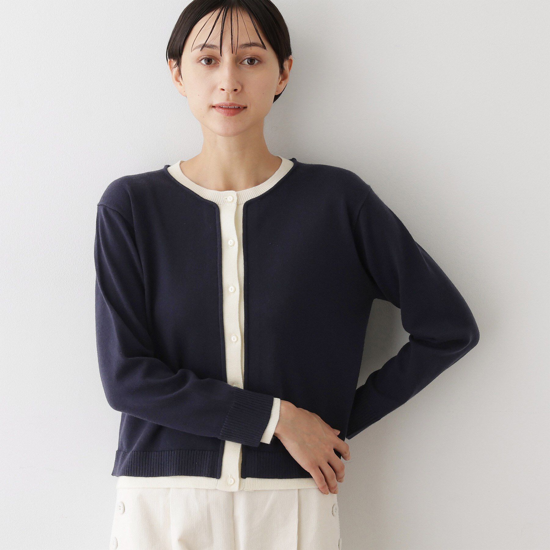 Dessin「【洗える】バイカラーカーディガン」|カーディガン|ネイビー(594)