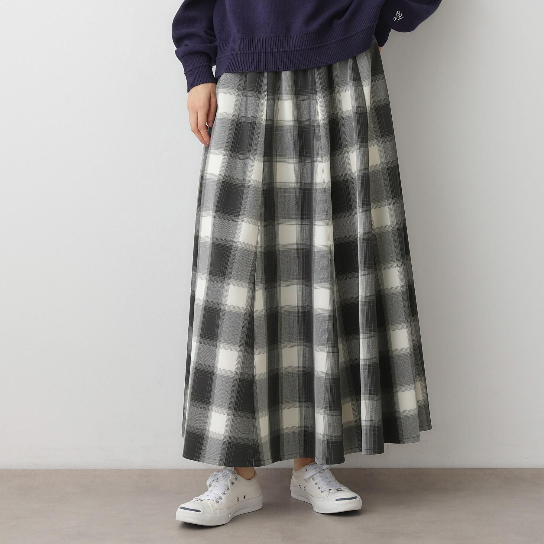 Dessin「【洗える・ウエストゴム】チェック柄フレアスカート」|スカート|ブラック(319)