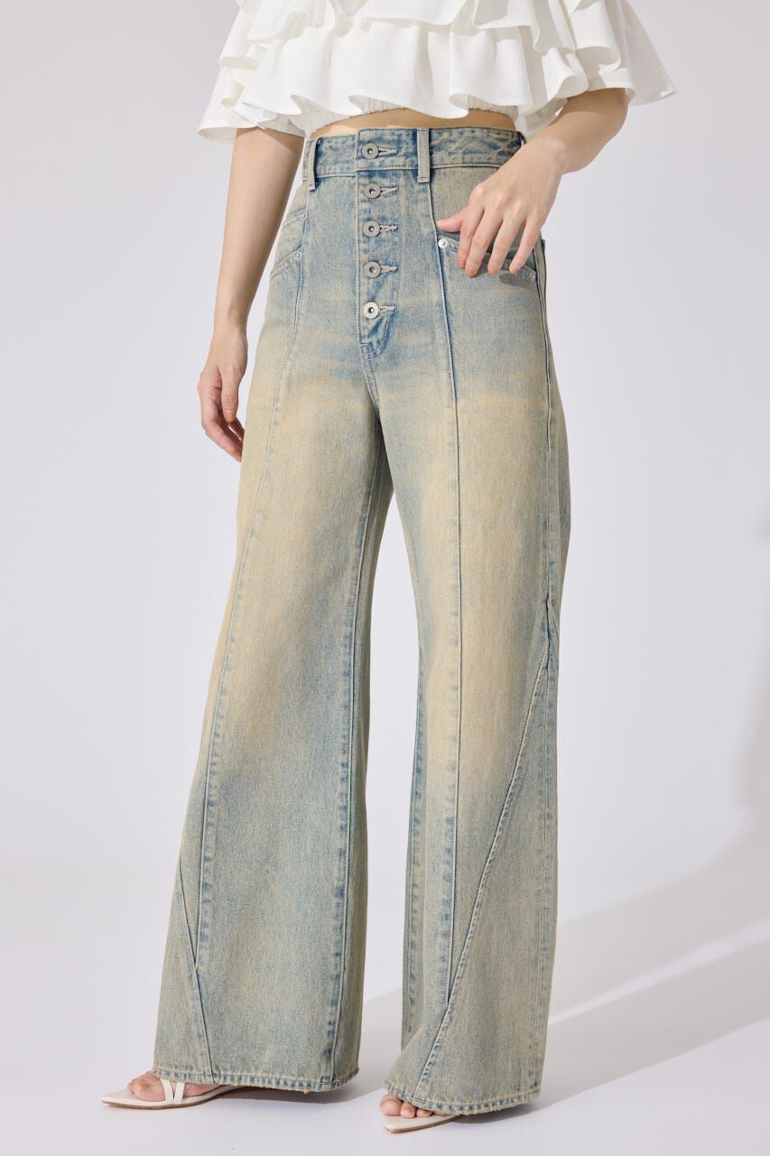 rienda「フロントボタンデザインハイウエストデニムパンツ」|デニム|