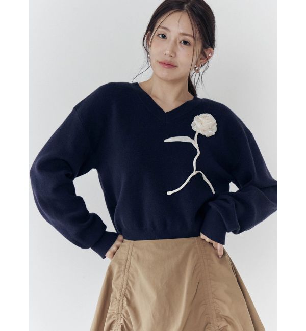 CALNAMUR「オーガンコサージュVネックニット」|ニット・セーター|