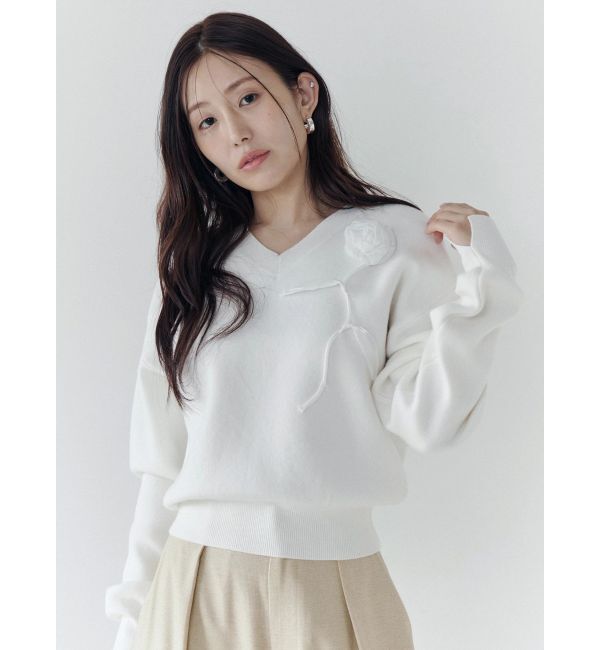 CALNAMUR「オーガンコサージュVネックニット」|ニット・セーター|