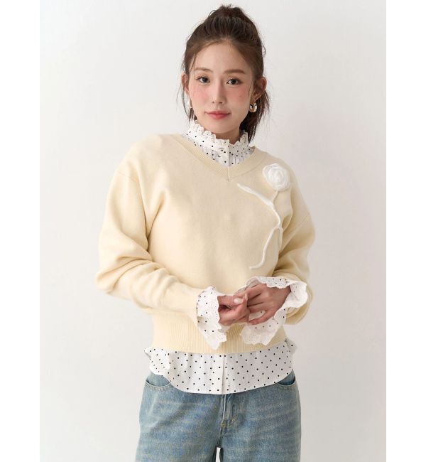 CALNAMUR「オーガンコサージュVネックニット」|ニット・セーター|