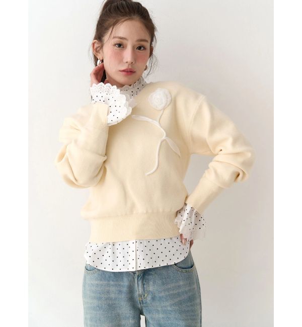 CALNAMUR「オーガンコサージュVネックニット」|ニット・セーター|