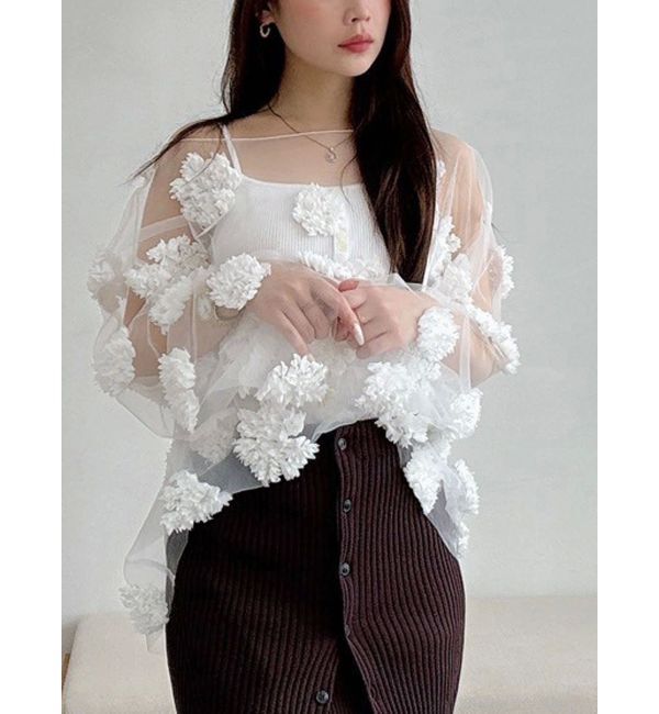 MERCURYDUO「【OUNNOUN】フラワーモチーフチュールTブラウス」|シャツ・ブラウス|