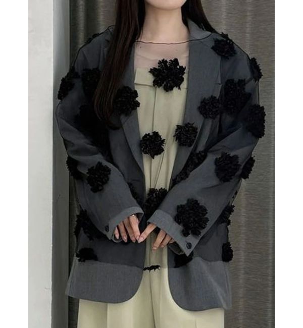 MERCURYDUO「【OUNNOUN】フラワーモチーフチュールTブラウス」|シャツ・ブラウス|ブラック