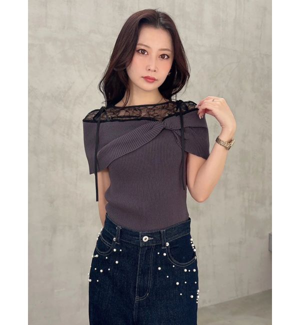 MERCURYDUO「レース切替オフショルハーフスリーブニットトップス」|ニット・セーター|