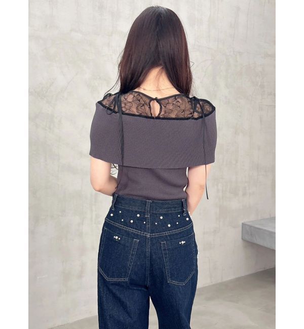 MERCURYDUO「レース切替オフショルハーフスリーブニットトップス」|ニット・セーター|