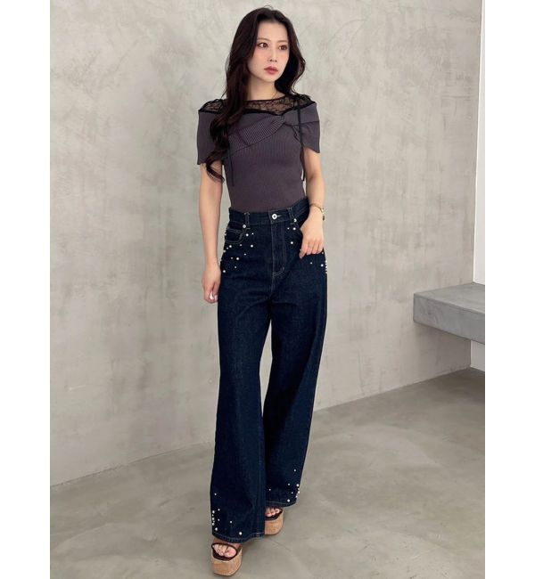 MERCURYDUO「レース切替オフショルハーフスリーブニットトップス」|ニット・セーター|