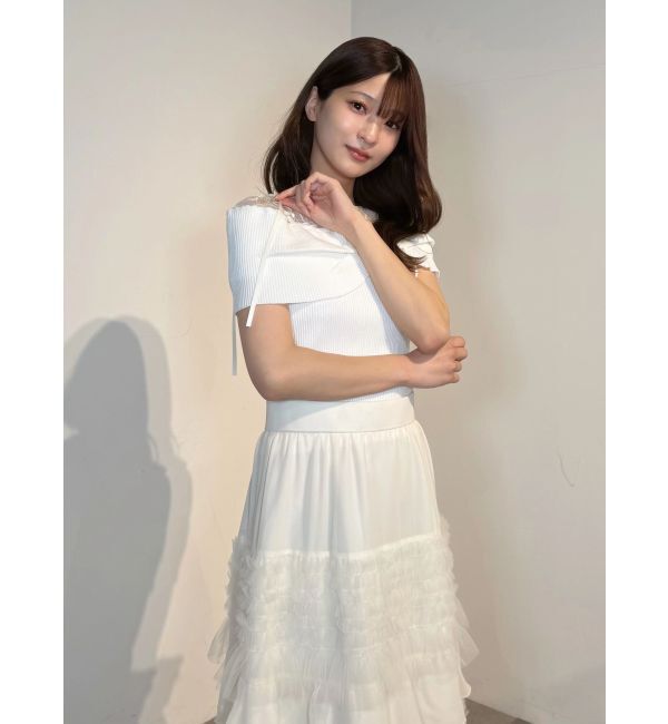 MERCURYDUO「レース切替オフショルハーフスリーブニットトップス」|ニット・セーター|