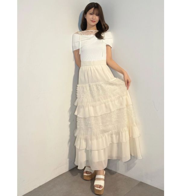 MERCURYDUO「レース切替オフショルハーフスリーブニットトップス」|ニット・セーター|