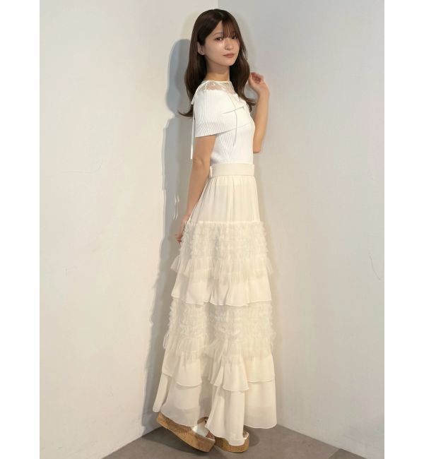 MERCURYDUO「レース切替オフショルハーフスリーブニットトップス」|ニット・セーター|