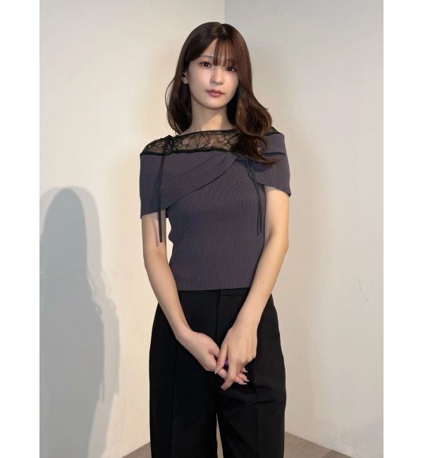 MERCURYDUO「レース切替オフショルハーフスリーブニットトップス」|ニット・セーター|