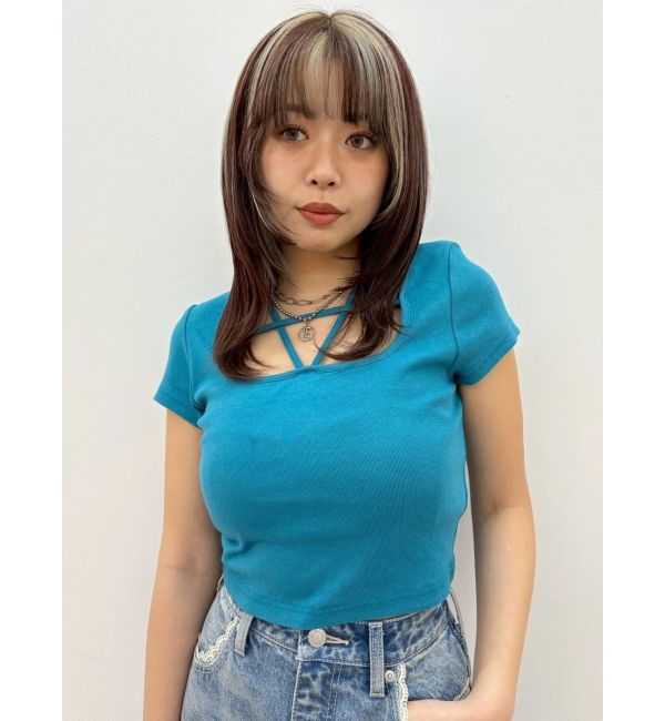 EVRIS「デコルテデザインショートトップス」|Tシャツ・カットソー|ブルー