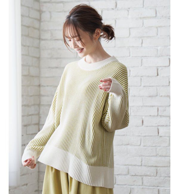 ikka「ストライプ柄ニットプルオーバー」|プルオーバー|ライムグリーン