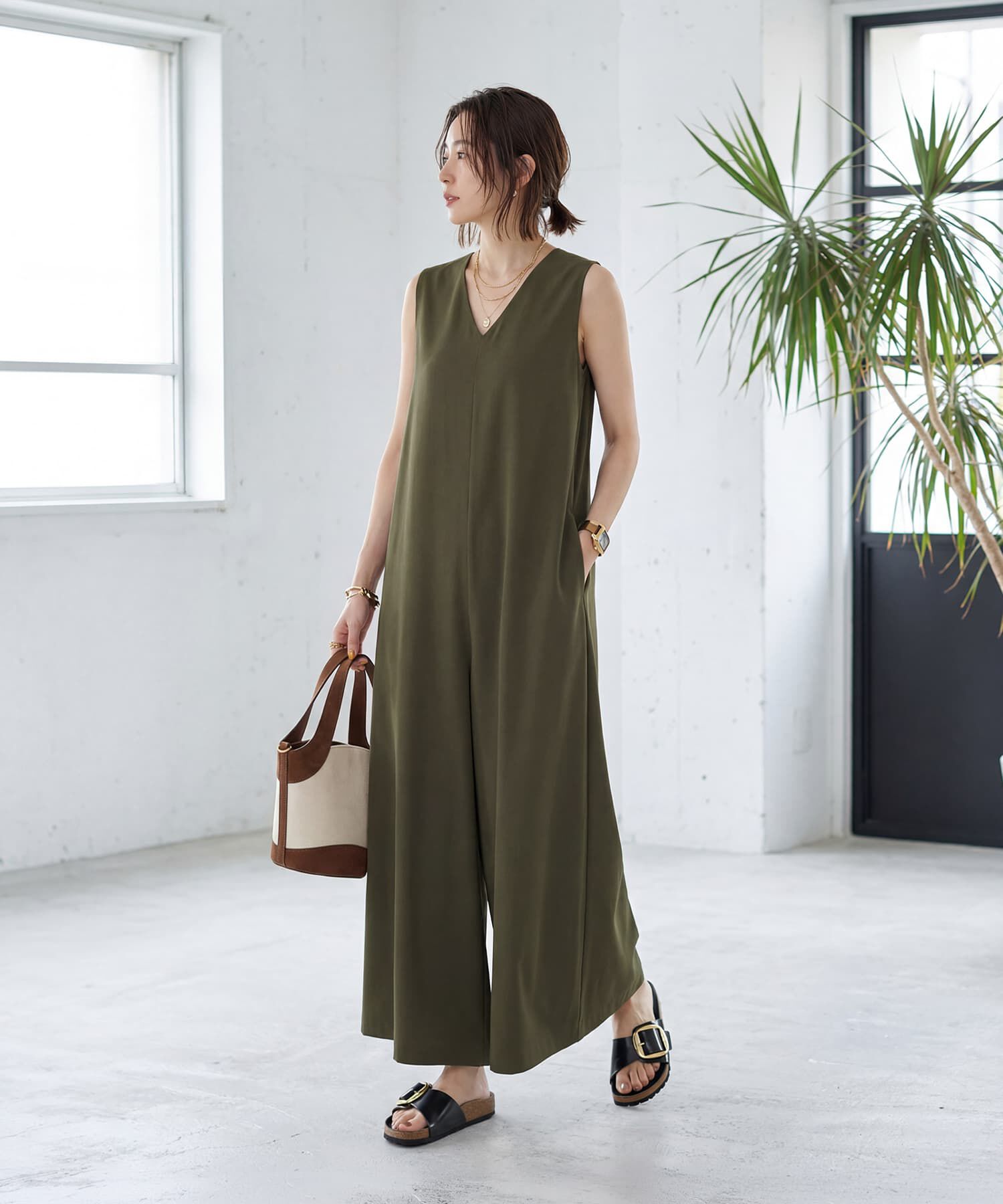 STYLE DELI「さらさらツイル生地スタイリッシュサロペット」|オールインワン|カーキ