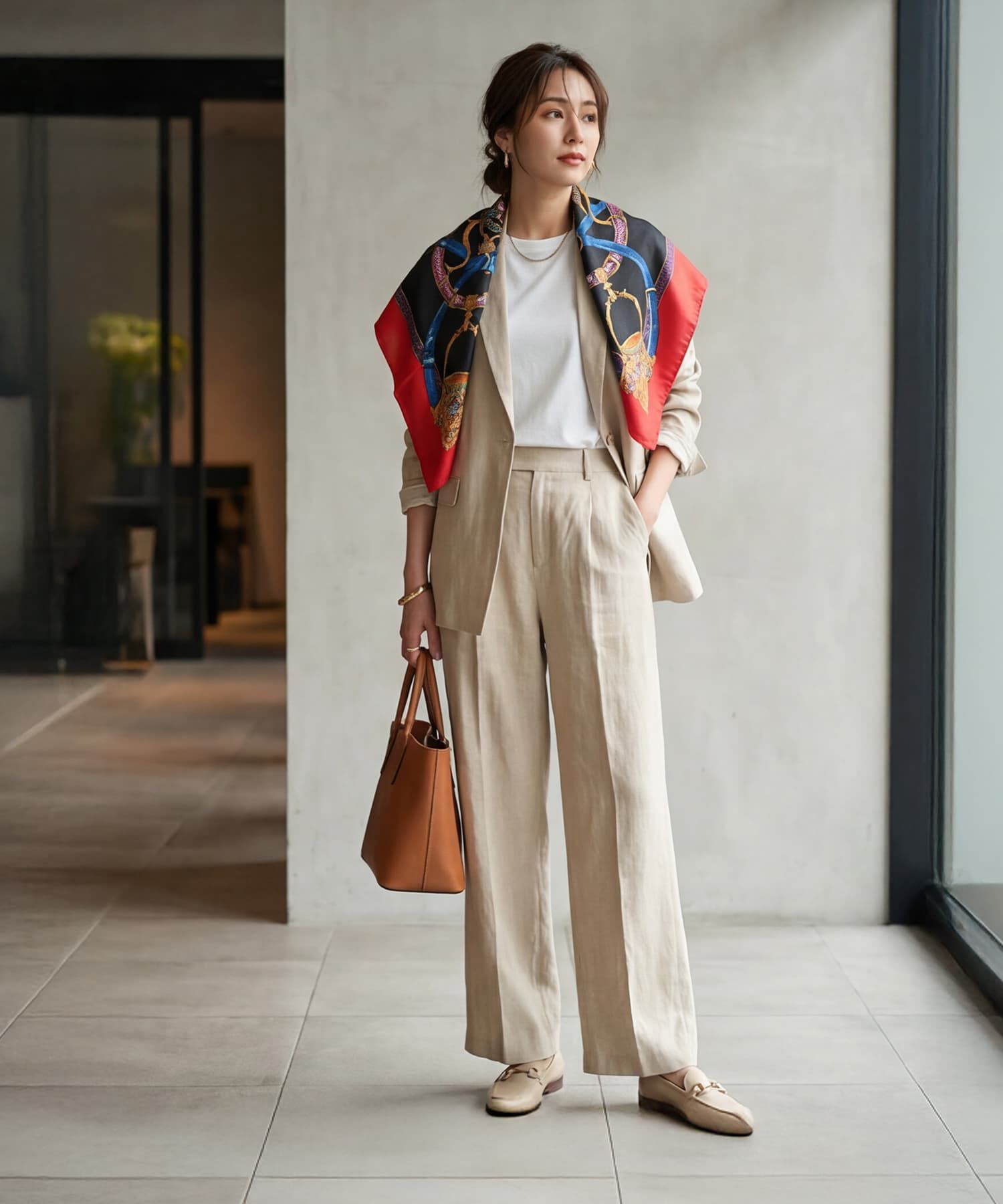 STYLE DELI「【DELI by】モダンモチーフサテンスクエア大判スカーフ」|バンダナ・スカーフ|