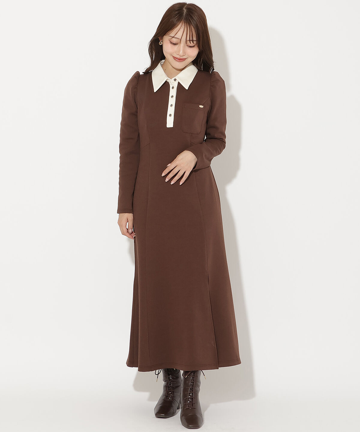 アンドクチュール「配色ポロ襟長袖ワンピース」|ワンピース|ﾀﾞｰｸﾌﾞﾗｳﾝ