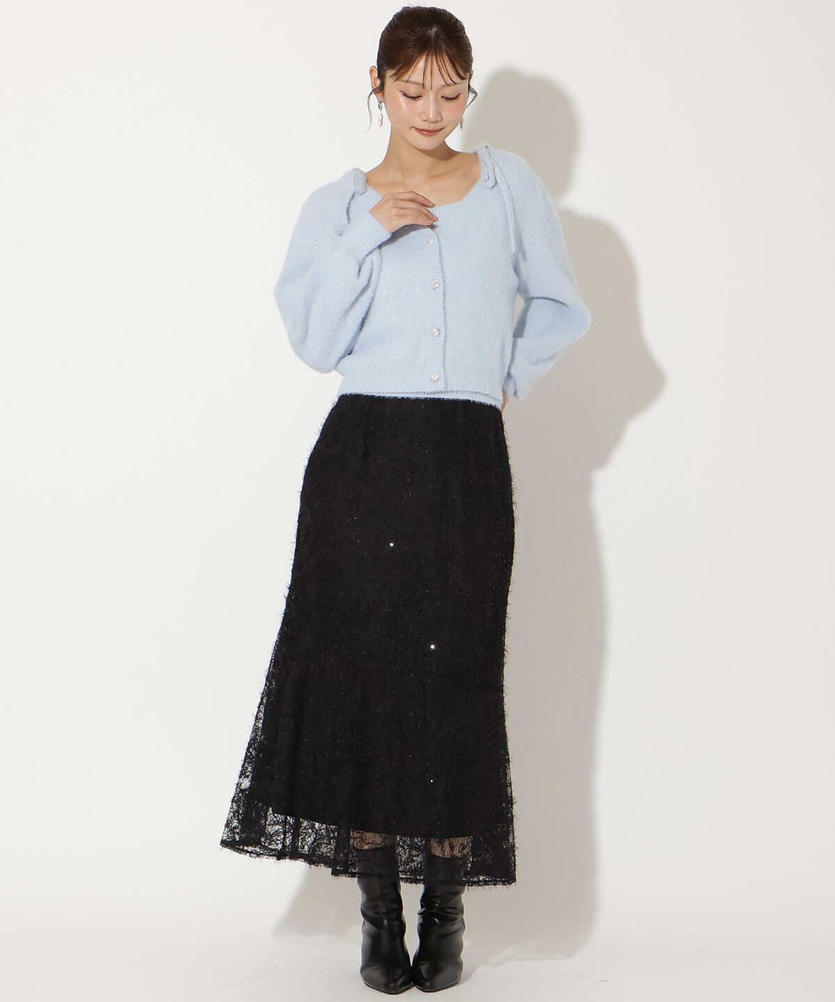 アンドクチュール「ラメフェザーショルダーリボンアンサンブル」|カーディガン|