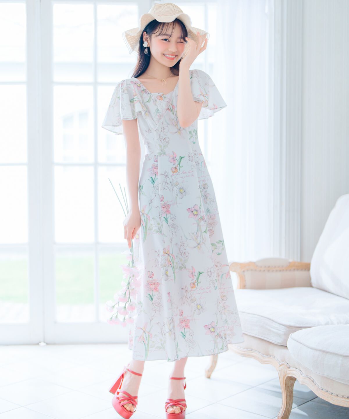 WILLSELECTION「ボタニカルフラワーフレアスリーブワンピース」|ワンピース|