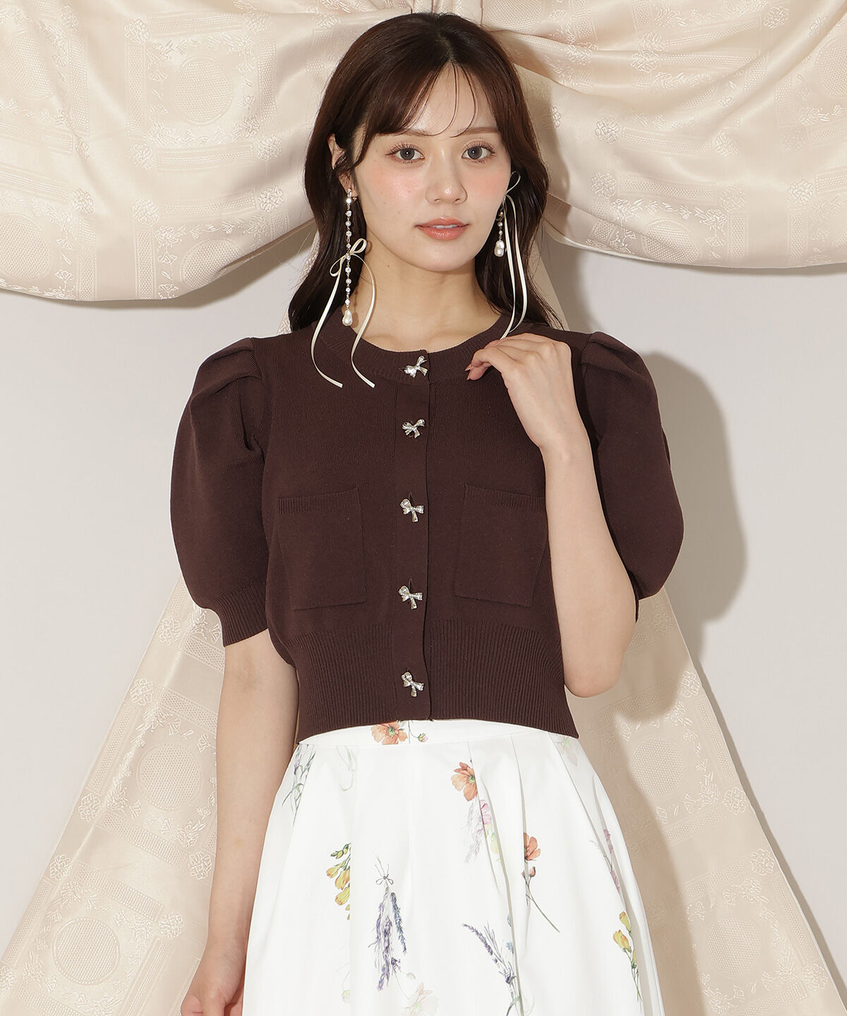 WILLSELECTION「ビジューリボンタックスリーブカーディガン」|カーディガン|