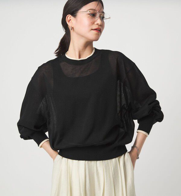 UNITED ARROWS green label relaxing「【WEB限定】＜at ease＞バイカラー シアー ニット プルオーバー」|ニット・セーター|BLACK
