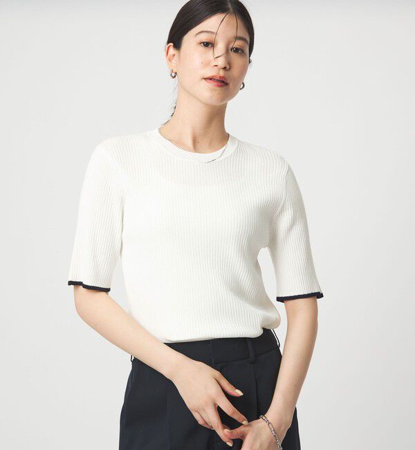 UNITED ARROWS green label relaxing「【WEB限定】＜at ease＞ソデサキ バイカラー 5分袖 プルオーバー ニット」|ニット・セーター|