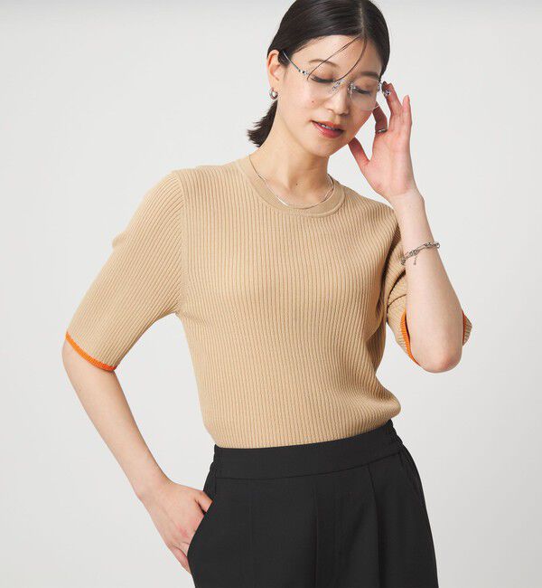 UNITED ARROWS green label relaxing「【WEB限定】＜at ease＞ソデサキ バイカラー 5分袖 プルオーバー ニット」|ニット・セーター|