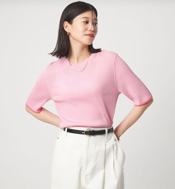 UNITED ARROWS green label relaxing「【WEB限定】＜at ease＞ソデサキ バイカラー 5分袖 プルオーバー ニット」|ニット・セーター|LT.PINK