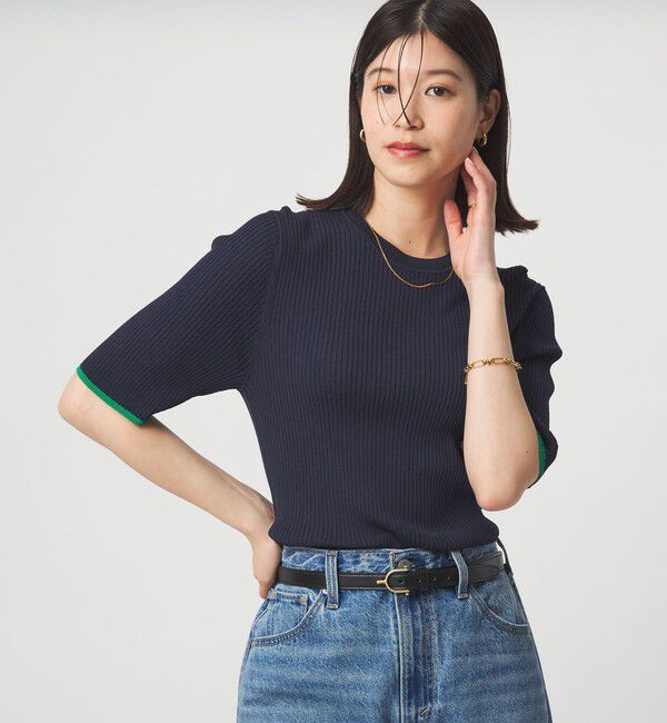 UNITED ARROWS green label relaxing「【WEB限定】＜at ease＞ソデサキ バイカラー 5分袖 プルオーバー ニット」|ニット・セーター|