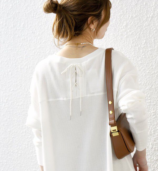 SHIPS any「SHIPS any:〈洗濯機可能〉ワッフル  レースアップ ラウンドヘム プルオーバー」|Tシャツ・カットソー|ホワイト