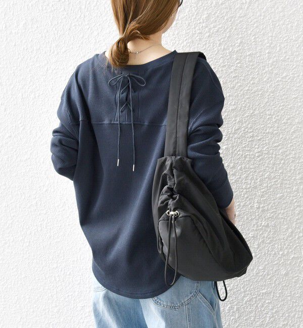 SHIPS any「SHIPS any:〈洗濯機可能〉ワッフル  レースアップ ラウンドヘム プルオーバー」|Tシャツ・カットソー|